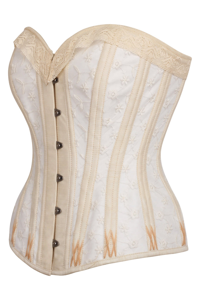 White and Gold Overbust Corset with Lace and Flossing Finish