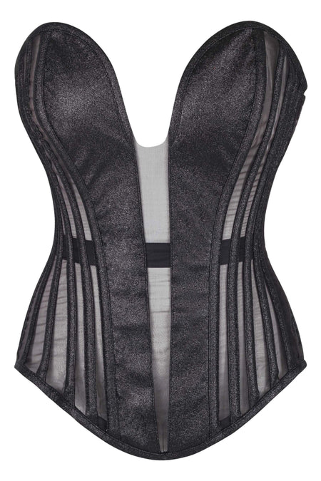 Black Overbust Corset with Plunge Neckline Mesh Panels & Side Zip