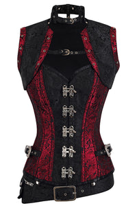 Red and Black Brocade Steampunk Overbust Corset with Swing Hooks and Shrug