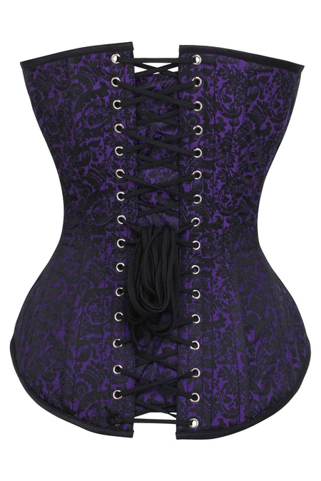 Long Purple Brocade Pattern Corset With Hip Gores