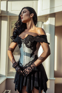 Grey Longline Corset Top with Lace Cap Sleeve