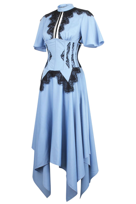 Baby Blue Corset Dress with Lace Trim