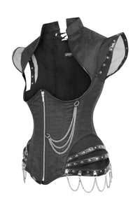 High Backed Black Satin Underbust Corset with Chains