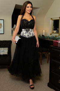 Black And Cream Damask Print Halterneck Corset