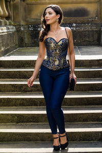 Blue With Gold Brocade Pattern Overbust With Hooks