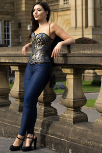 Blue With Gold Brocade Pattern Overbust With Hooks