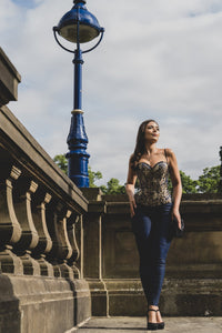 Blue With Gold Brocade Pattern Overbust With Hooks