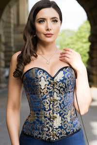 Blue With Gold Brocade Pattern Overbust With Hooks