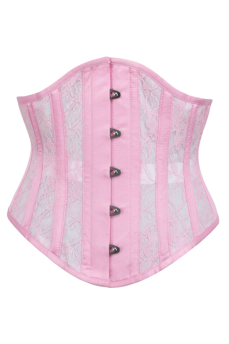 Pink Satin Underbust Corset with Mesh Panels and Lace Overlay