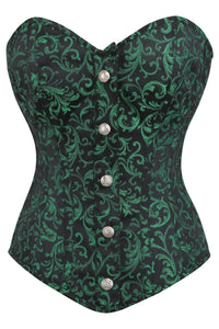 Corset Story BC-012 Green and Black Brocade Overbust Corset with Front Zip and Button Detailing