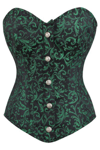 Green and Black Brocade Overbust Corset with Front Zip and Button Detailing