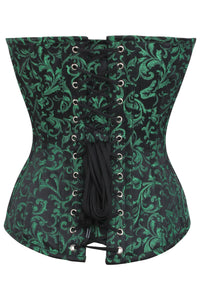 Green and Black Brocade Overbust Corset with Front Zip and Button Detailing