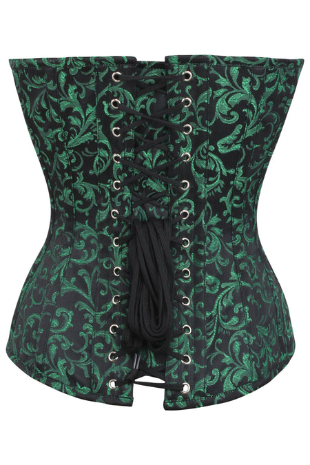 Green and Black Brocade Overbust Corset with Front Zip and Button Detailing
