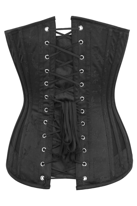 Corset Story BC-023 Black Brocade Overbust Corset with Plunge Neckline and Side Mesh Panels