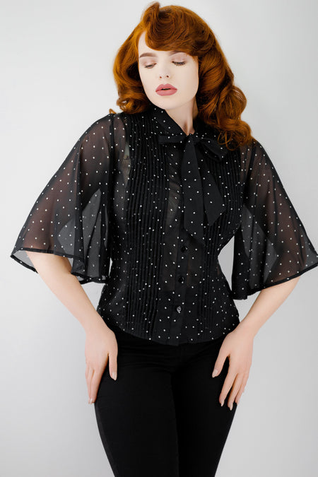 Black Pleat Polka Dot Blouse with Wide Sleeves