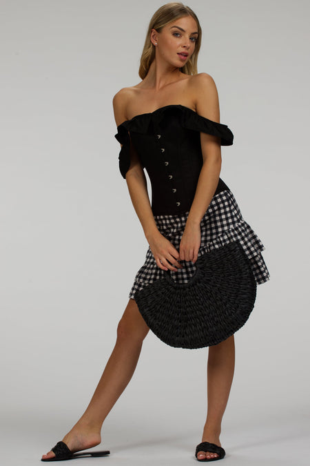Black Satin Vintage Inspired Straight line Overbust with off the shoulder collar