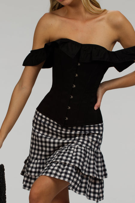 Black Satin Vintage Inspired Straight line Overbust with off the shoulder collar
