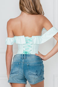 Beautiful Victoriana Mint Corset With Off Shoulder Elasticated Ruffle
