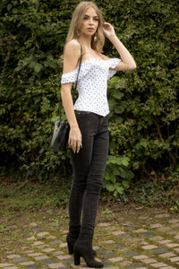 Polka Dot Straight Bustline Corset Top With Off The Shoulder Sleeves