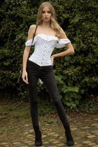 Polka Dot Straight Bustline Corset Top With Off The Shoulder Sleeves