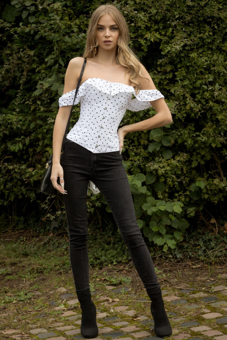 Polka Dot Straight Bustline Corset Top With Off The Shoulder Sleeves