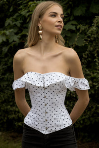 Polka Dot Straight Bustline Corset Top With Off The Shoulder Sleeves
