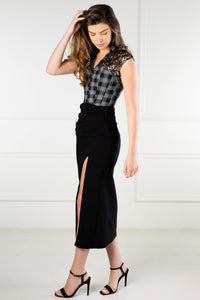 BLACK AND GREY CHECK HOUNDSTOOTH CORSET TOP WITH GUIPARE LACE