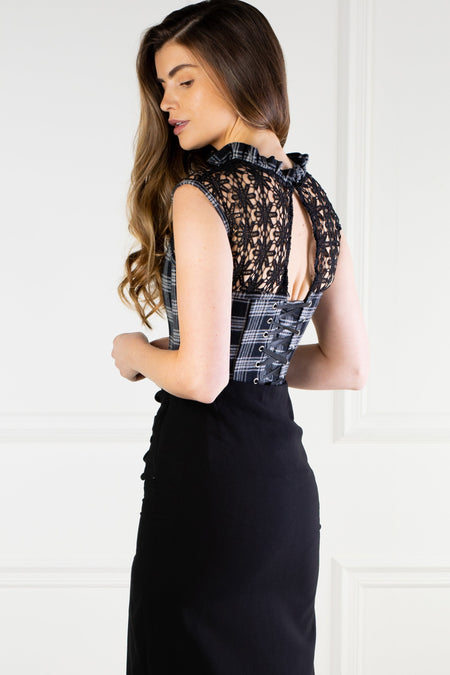 BLACK AND GREY CHECK HOUNDSTOOTH CORSET TOP WITH GUIPARE LACE
