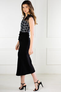 BLACK AND GREY CHECK HOUNDSTOOTH CORSET TOP WITH GUIPARE LACE