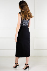 BLACK AND GREY CHECK HOUNDSTOOTH CORSET TOP WITH GUIPARE LACE