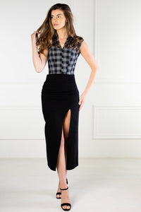 BLACK AND GREY CHECK HOUNDSTOOTH CORSET TOP WITH GUIPARE LACE