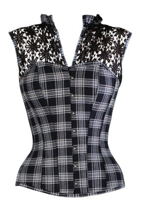 BLACK AND GREY CHECK HOUNDSTOOTH CORSET TOP WITH GUIPARE LACE