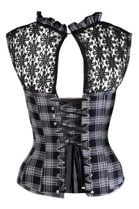 BLACK AND GREY CHECK HOUNDSTOOTH CORSET TOP WITH GUIPARE LACE