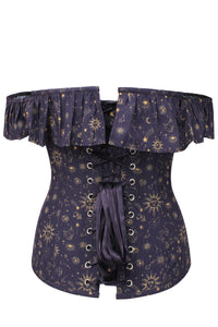 Mystic Galaxy Indigo And Gold Corset Top With Bardot Sleeve