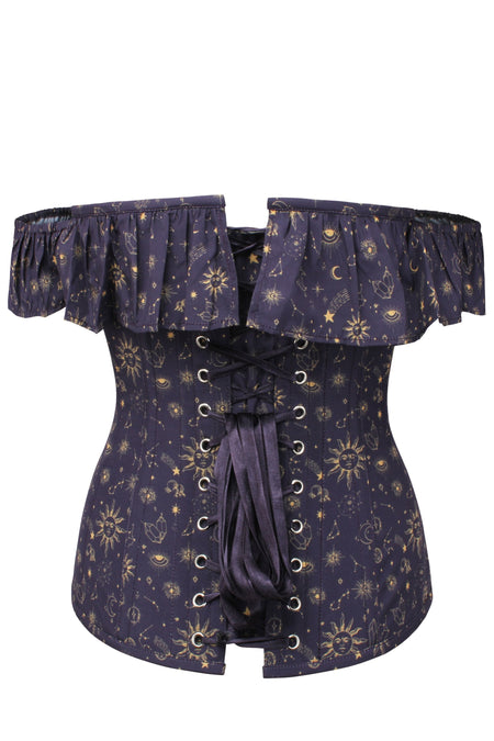 Mystic Galaxy Indigo And Gold Corset Top With Bardot Sleeve