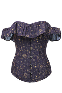Mystic Galaxy Indigo And Gold Corset Top With Bardot Sleeve