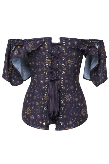 Mystic Galaxy Indigo And Gold Corset Top With Frilled Sleeve