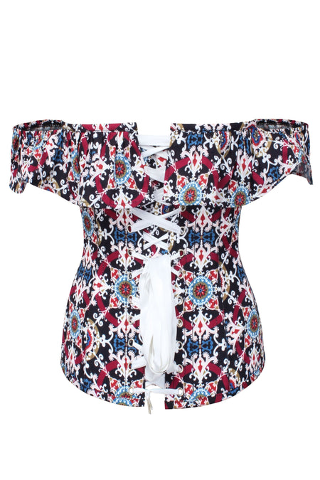 Mosaic Tile Corset Top With Bardot Sleeve