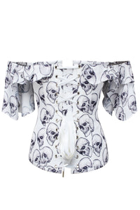 White And Grey Skull Gothic Corset Top With Frilled Sleeve