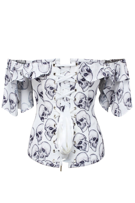 White And Grey Skull Gothic Corset Top With Frilled Sleeve