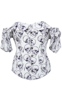 White And Grey Skull Gothic Corset Top With Frilled Sleeve