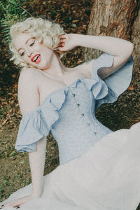 Pastel Cornflower Blue cotton corset top with dramatic sleeve