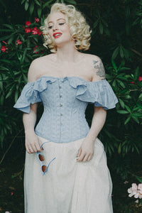Pastel Cornflower Blue cotton corset top with dramatic sleeve