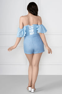 Pastel Cornflower Blue cotton corset top with dramatic sleeve