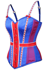 Sininen satiininen Union Jack -rintakorsetti