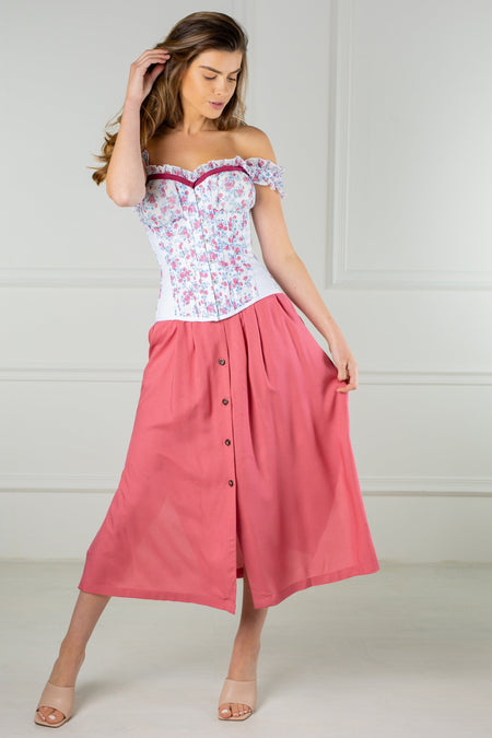 Floral Puff Sleeve Summer Overbust Corset With Raspberry Pink Trim