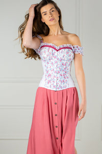 Corset Story FTS150 Floral Puff Sleeve Summer Overbust Corset With Raspberry Pink Trim