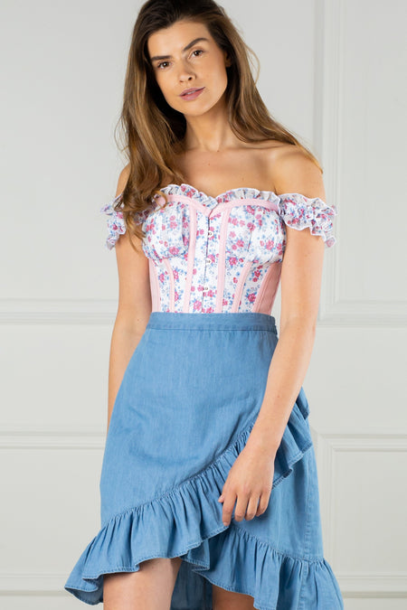 Floral Print Summer Overbust with pink satin trim