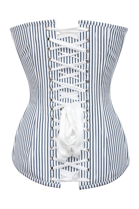 White and Navy Pinstripe Longline Overbust Corset