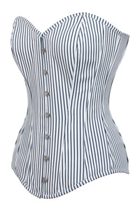 White and Navy Pinstripe Longline Overbust Corset